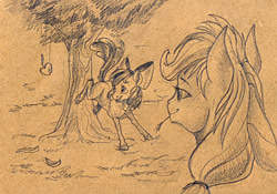 Size: 1024x718 | Tagged: safe, artist:skyaircobra, character:apple bloom, character:applejack, species:earth pony, species:pony, apple, apple tree, applebucking, duo, duo female, female, filly, food, mare, monochrome, smiling, traditional art, tree
