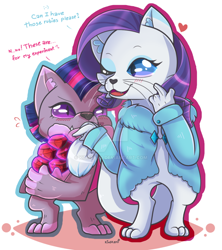 Size: 1024x1152 | Tagged: safe, artist:kingkero, character:rarity, character:twilight sparkle, species:abyssinian, species:diamond dog, ship:rarilight, abyssinianized, blushing, clothing, dialogue, diamond dogified, female, flirting, gem, heart, lesbian, paws, ruby, shipping, simple background, species swap, twilight barkle