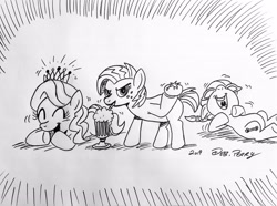 Size: 3688x2747 | Tagged: safe, artist:debmervin, character:babs seed, character:diamond tiara, character:silver spoon, species:pony, episode:one bad apple, g4, my little pony: friendship is magic, food, laughing, milkshake, monochrome, tomato, traditional art