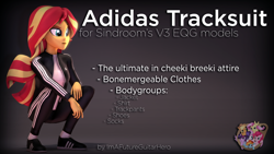 Size: 3840x2160 | Tagged: safe, artist:imafutureguitarhero, artist:sindroom, part of a set, character:sunset shimmer, species:human, my little pony:equestria girls, 3d, adidas, cheeki breeki, clothing, colored eyebrows, download, download at source, downloadable, female, gopnik, high res, jacket, multicolored hair, open mouth, pants, part of a series, raised eyebrow, shirt, shoes, slav squat, socks, solo, source filmmaker, squatting, text, trackpants, tracksuit