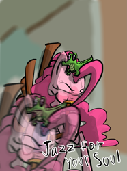 Size: 1475x1987 | Tagged: safe, artist:halfaman, character:gummy, character:pinkie pie, episode:yakity-sax, g4, my little pony: friendship is magic, caption, image macro, jazz, jazz for your soul, meme, simple background, text, yovidaphone