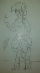 Size: 1280x2327 | Tagged: safe, artist:darthalex70, oc, oc:rampage, species:anthro, fallout equestria, fallout equestria: project horizons, armor, deviantart watermark, fanfic art, middle finger, obtrusive watermark, sketch, solo, traditional art, vulgar, watermark