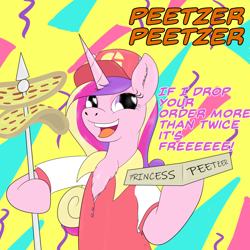Size: 1600x1600 | Tagged: safe, artist:pavlovzdawg, character:princess cadance, species:pony, 90's aesthetic, cadance's pizza delivery, clothing, female, food, hat, heart eyes, little caesars, meat, open mouth, peetzer, pepperoni, pepperoni pizza, pizza, solo, that pony sure does love pizza, wingding eyes