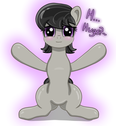 Size: 2620x2840 | Tagged: safe, artist:crimsonsky, character:octavia melody, species:earth pony, species:pony, /mlp/, alternate hairstyle, aura, blushing, bronybait, cute, dialogue, drawthread, female, hooves up, hug request, hugs needed, lidded eyes, looking at you, mare, open arms, shy, simple background, sitting, smiling, solo, starry eyes, stuttering, tavibetes, text, white background, wingding eyes