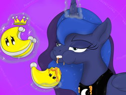 Size: 1600x1200 | Tagged: safe, artist:pavlovzdawg, character:princess luna, species:pony, chewing, eating, female, juicy, magic, nintendo, power moon, solo, super mario bros., super mario odyssey, tired