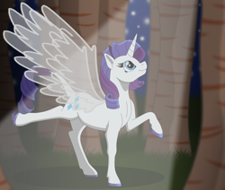 Size: 9389x7950 | Tagged: safe, artist:faitheverlasting, character:rarity, species:alicorn, species:pony, alicornified, artificial wings, augmented, colored hooves, female, forest, leonine tail, magic, magic wings, night, night sky, race swap, raricorn, sky, solo, tree, wings