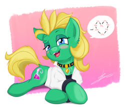 Size: 1800x1540 | Tagged: safe, artist:hardlugia, oc, oc only, oc:professor sugarcube, species:pony, bedroom eyes, blushing, clothing, collar, cutie mark, female, heart, lab coat, looking at you, lying down, open mouth, simple background, solo