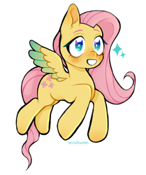 Size: 900x1077 | Tagged: safe, artist:occultusion, character:fluttershy, species:pegasus, species:pony, blushing, colored wings, colored wingtips, cute, female, looking at something, looking up, mare, outline, shyabetes, simple background, smiling, solo, sparkly eyes, spread wings, starry eyes, three quarter view, transparent background, two toned wings, white outline, wingding eyes, wings