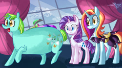 Size: 1024x569 | Tagged: safe, artist:tamoqu, character:rarity, character:sassy saddles, character:whoa nelly, species:pony, species:unicorn, episode:canterlot boutique, g4, my little pony: friendship is magic, female, mare, open mouth, scene interpretation, trio, wut face