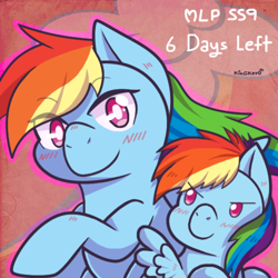 Size: 500x500 | Tagged: safe, artist:kingkero, character:rainbow dash, species:pegasus, species:pony, season 9, blushing, countdown, cute, dashabetes, duality, eye clipping through hair, eyebrows, eyebrows visible through hair, female, filly, filly rainbow dash, hype, mare, ponidox, season 9 countdown, self ponidox, smiling, younger