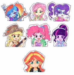 Size: 1010x1024 | Tagged: safe, artist:keeerooooo1, character:applejack, character:fluttershy, character:gummy, character:pinkie pie, character:rainbow dash, character:rarity, character:sunset shimmer, character:twilight sparkle, episode:friendship through the ages, equestria girls:rainbow rocks, g4, my little pony: equestria girls, my little pony:equestria girls, ancient wonderbolts uniform, bare shoulders, bracelet, bust, country applejack, devil horn (gesture), female, folk fluttershy, guitar, humane five, humane seven, humane six, jewelry, looking at you, musical instrument, new wave pinkie, one eye closed, open mouth, outline, rainbow punk, sgt. rarity, simple background, smiling, tambourine, white background, wink