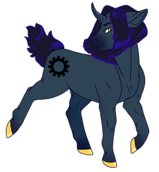 Size: 580x630 | Tagged: safe, artist:guidomista, artist:miiistaaa, artist:nijimillions, oc, oc:clockwork, species:pony, species:unicorn, art trade, black, black hair, black mane, colored hooves, curved horn, edgy, emo, fullbody, golden eyes, goth, gothic, head turned, hooves, horn, looking at you, male, muscles, raised hoof, raised tail, shiny, shiny hair, shiny mane, simple background, smiling, solo, stallion, tail, transparent background, walking, yellow, yellow eyes