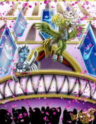 Size: 1279x1657 | Tagged: safe, artist:amalgamzaku, character:princess flurry heart, character:trixie, oc, oc:mark wells, species:alicorn, species:pegasus, species:pony, species:unicorn, fanfic:off the mark, balcony, banner, canon x oc, castle, clothing, confetti, crowd, dress, female, filly, flying, foal, grin, jewelry, male, markxie, marriage, nervous, nervous grin, open mouth, raised hoof, smiling, spread wings, straight, suit, tiara, upset, waving, wedding, wedding dress, wedding suit, wings
