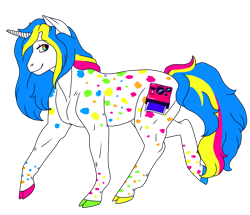 Size: 930x800 | Tagged: safe, artist:guidomista, artist:miiistaaa, artist:nijimillions, oc, species:pony, species:unicorn, adoptable, camera, cloven hooves, design, female, hooves, horn, long horn, mare, markings, multicolored, multicolored hair, neon, photo, photographer, picture, polaroid, polka dots, rainbow, smiling, sold, splotches, spots, spotted, trotting, walking