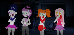 Size: 2956x1408 | Tagged: safe, artist:saviray, artist:toybonnie54320, artist:yaya54320, base used, my little pony:equestria girls, ballerina, ballora, barely eqg related, circus baby, clothing, crossover, equestria girls style, equestria girls-ified, five nights at freddy's, funtime foxy, funtime freddy, hat, sister location, top hat