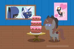 Size: 6000x4000 | Tagged: safe, artist:steampunk-brony, oc, oc only, oc:neigh sayer, oc:silverlay, oc:steamy, oc:velvet remedy, species:earth pony, species:pony, species:unicorn, fallout equestria, absurd resolution, cake, clothing, cowboy hat, cutie mark, envy, eyes closed, fanfic, fanfic art, female, food, grin, hat, hooves, horn, male, mare, pointy ponies, poster, smiling, stallion, that pony sure does love cakes, window