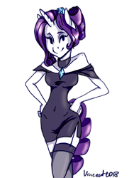 Size: 1648x2260 | Tagged: safe, artist:vautaryt, character:rarity, species:anthro, alternate hairstyle, black dress, clothing, dress, female, hair bun, hand on hip, human facial structure, looking at you, signature, simple background, smiling, solo, stockings, thigh highs, transparent background