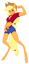 Size: 800x1748 | Tagged: safe, artist:vautaryt, character:applejack, species:anthro, species:unguligrade anthro, applejack's hat, belly button, belt, bicep, breasts, clothing, cowboy hat, denim shorts, female, flexing, front knot midriff, hat, midriff, muscles, signature, simple background, smiling, solo, transparent background