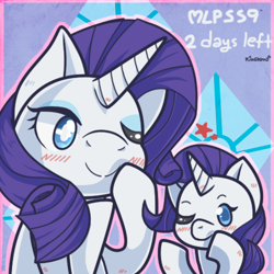 Size: 500x500 | Tagged: safe, artist:kingkero, character:rarity, species:pony, species:unicorn, season 9, blushing, colored pupils, countdown, cute, cutie mark background, duality, female, filly, filly rarity, hype, one eye closed, ponidox, raribetes, season 9 countdown, self ponidox, wink, younger