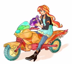 Size: 1024x910 | Tagged: safe, artist:keeerooooo1, character:sunset shimmer, species:human, my little pony:equestria girls, clothing, cute, female, helmet, jacket, leather jacket, motorcycle, motorcycle helmet, open mouth, shimmerbetes, simple background, solo, white background