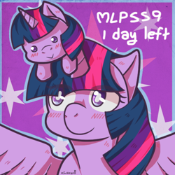 Size: 500x500 | Tagged: safe, artist:kingkero, character:twilight sparkle, character:twilight sparkle (alicorn), species:alicorn, species:pony, season 9, blushing, bust, countdown, cutie mark background, duality, eye clipping through hair, female, filly, filly twilight sparkle, hype, ponidox, portrait, season 9 countdown, self ponidox, spread wings, wings, younger