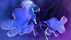 Size: 4800x2700 | Tagged: safe, artist:jacob_lhh3, character:nightmare moon, character:princess luna, species:pony, 3d, color porn, fangs, female, fog, glowing eyes, glowing horn, grin, smiling, solo, source filmmaker, spread wings, stars, wings