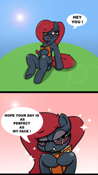 Size: 762x1354 | Tagged: safe, artist:n-o-n, oc, oc only, oc:jessi-ka, species:earth pony, species:pony, comic, dominatrix, fabulous, female, glasses, looking at you, mare, reading, solo, sunbathing