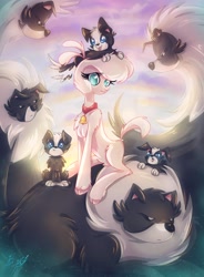 Size: 2800x3800 | Tagged: safe, artist:alexbluebird, character:pom lamb, species:dog, species:sheep, them's fightin' herds, bell, bell collar, cloven hooves, collar, cute, female, lamb, puppy, smiling