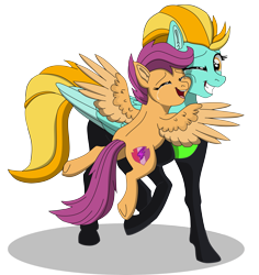 Size: 8285x8771 | Tagged: safe, artist:faitheverlasting, character:lightning dust, character:scootaloo, species:pegasus, species:pony, episode:the washouts, g4, my little pony: friendship is magic, absurd resolution, clothing, commission, crying, cutie mark, description is relevant, feels, female, filly, hug, simple background, smiling, spread wings, tears of joy, the cmc's cutie marks, transparent background, uniform, washouts uniform, wings