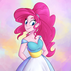 Size: 3000x3000 | Tagged: safe, artist:puddingskinmcgee, character:pinkie pie, my little pony:equestria girls, alternate hairstyle, breasts, cleavage, cute, diapinkes, female, hands behind back, ponytail, smiling, solo