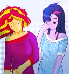Size: 3191x3403 | Tagged: safe, artist:mantarwolf, character:sunset shimmer, character:twilight sparkle, character:twilight sparkle (scitwi), species:eqg human, episode:monday blues, eqg summertime shorts, g4, my little pony: equestria girls, my little pony:equestria girls, clothing, high res, pajamas, simple background, waking up, white background