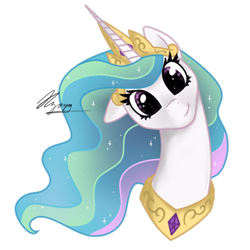 Size: 512x512 | Tagged: safe, artist:hilloty, character:princess celestia, species:pony, bust, commission, crown, cute, cutelestia, female, floppy ears, gold, jewelry, looking at you, mare, peytral, portrait, princess, regalia, signature, simple background, smiling, solo, sticker, transparent background