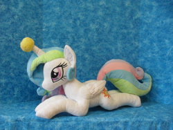 Size: 3648x2736 | Tagged: safe, artist:bluedragonflyplush, character:princess celestia, species:alicorn, species:pony, female, folded wings, horn, horn impalement, horn problems, irl, mare, photo, plushie, prone, solo, tennis ball, wings, young celestia