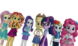 Size: 5120x3072 | Tagged: safe, artist:n3onh100, character:applejack, character:fluttershy, character:pinkie pie, character:rainbow dash, character:rarity, character:sunset shimmer, character:twilight sparkle, character:twilight sparkle (scitwi), species:eqg human, g4, my little pony: equestria girls, my little pony:equestria girls, 3d, belt, bow tie, bracelet, clothing, cowboy hat, cupcake, denim skirt, dress, female, food, freckles, geode of empathy, geode of fauna, geode of shielding, geode of sugar bombs, geode of super speed, geode of super strength, geode of telekinesis, glasses, gmod, hairband, hairpin, hand in pocket, hat, jacket, jewelry, leather jacket, lipstick, looking at you, magical geodes, pants, pencil skirt, pendulum, ponytail, serious, serious face, shirt, simple background, skirt, stetson, t-shirt, tank top, the rainbooms, white background, wristband