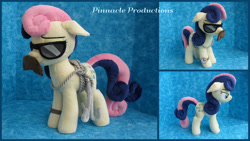 Size: 1366x768 | Tagged: safe, artist:bluedragonflyplush, character:bon bon, character:sweetie drops, species:earth pony, species:pony, bon bond, disguise, fake moustache, female, floppy ears, irl, mare, photo, plushie, rope, solo, standing, sunglasses, watch