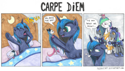 Size: 1750x1000 | Tagged: safe, artist:frenkieart, character:princess celestia, character:princess luna, species:alicorn, species:bat pony, species:pony, :t, bed, bed mane, bound wings, comic, cuffs, dialogue, eyes closed, female, floppy ears, frown, guards, handcuffed, hoof shoes, horn sock, implied magic suppression, male, mare, night guard, nose wrinkle, open mouth, opossum, pet, rope, s1 luna, shackles, speech bubble, stallion, traditional art