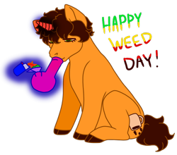 Size: 660x580 | Tagged: safe, artist:guidomista, artist:miiistaaa, artist:nijimillions, oc, oc:triple shot, ponysona, species:pony, species:unicorn, blaze it, bong, cafe, celebration, chubby, cloven hooves, coffee, curls, curly hair, curly mane, curly tail, cute, drugs, eyelashes, festive, fire, floating, high, holiday, hooves, horn, inappropriate use of magic, levitation, lighter, looking down, magic, male, marijuana, pot, red eyes, short, sitting, smiling, smoking, solo, stallion, stoned, telekinesis