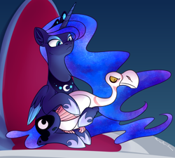 Size: 2000x1800 | Tagged: safe, artist:puddingskinmcgee, character:princess luna, species:alicorn, species:bird, species:pony, episode:sparkle's seven, g4, my little pony: friendship is magic, animal, duo, ethereal mane, female, galaxy mane, goose, lidded eyes, luna petting goose, mare, scene interpretation, solo, throne