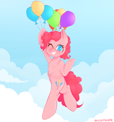 Size: 1000x1067 | Tagged: safe, artist:occultusion, character:pinkie pie, species:pony, balloon, chest fluff, cloud, cute, diapinkes, female, floating, heart eyes, no pupils, one eye closed, sky, smiling, solo, then watch her balloons lift her up to the sky, wingding eyes, wink
