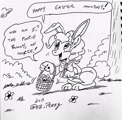 Size: 2891x2850 | Tagged: safe, artist:debmervin, character:pinkie pie, species:pony, basket, bunny ears, easter, easter basket, easter bunny, easter egg, female, holiday, monochrome, neck bow, solo, traditional art