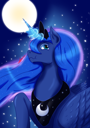 Size: 2894x4093 | Tagged: safe, artist:mantarwolf, character:princess luna, species:alicorn, species:pony, ethereal mane, female, full moon, galaxy mane, mare, moon, night, scrunchy face, solo