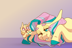 Size: 3000x2000 | Tagged: safe, artist:geisharozu, character:fluttershy, oc, oc:astra, parent:fluttershy, parent:tree hugger, parents:flutterhugger, species:pony, baby, baby pony, colored hooves, magical lesbian spawn, nom, offspring, rainbow power