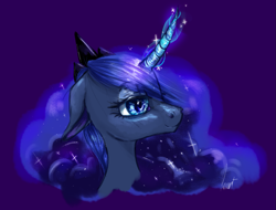 Size: 1265x963 | Tagged: safe, artist:roaert, character:princess luna, species:alicorn, species:pony, bust, curved horn, female, horn, magic, mare, painting, portrait, solo