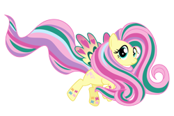 Size: 3000x2000 | Tagged: safe, artist:ashidaru, character:fluttershy, species:pegasus, species:pony, episode:twilight's kingdom, g4, my little pony: friendship is magic, colored wings, cute, female, flying, looking at you, mare, multicolored wings, rainbow power, rainbow power-ified, shyabetes, simple background, smiling, solo, transparent background, vector, wings