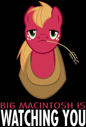 Size: 2025x3000 | Tagged: safe, artist:atomicgreymon, character:big mcintosh, species:earth pony, species:pony, 1984, black background, bust, high res, looking at you, male, propaganda, simple background, solo, stallion, straw in mouth