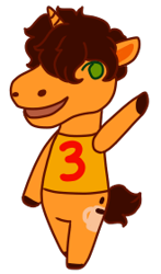 Size: 165x280 | Tagged: safe, artist:guidomista, artist:miiistaaa, artist:nijimillions, oc, oc only, oc:triple shot, ponysona, species:anthro, species:pony, species:unicorn, acnl, animal crossing, animal crossing: new leaf, brown hair, brown mane, brunett, brunette, chibi, clothing, commissions open, curls, curly hair, curly mane, food, green eyes, hooves, horn, orange, simple, simplified, smiling, solo, style emulation, waving