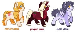 Size: 850x350 | Tagged: safe, artist:guidomista, artist:miiistaaa, artist:nijimillions, oc, species:earth pony, species:pegasus, species:pony, species:unicorn, adoptable, adopts, blond, blonde, blue eyes, braid, braided tail, cat, cat toy, curls, curly hair, curly mane, curly tail, design, feather, female, food, for sale, golden eyes, grape, grapes, hooves, horn, long hair, long mane, long tail, looking back, male, mare, markings, ponytail, selling, short hair, spread wings, stallion, straight hair, straight mane, stripes, two toned wings, wings