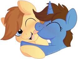 Size: 1977x1505 | Tagged: safe, artist:donutnerd, oc, oc only, oc:tech magic, species:earth pony, species:pony, species:unicorn, blushing, brown mane, couple, face licking, female, friendship, happy, licking, male, mare, one eye closed, playful, stallion, tongue out