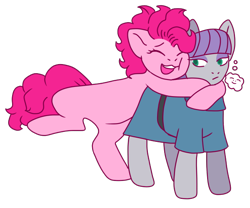Size: 600x500 | Tagged: safe, artist:guidomista, artist:miiistaaa, artist:nijimillions, derpibooru original, character:maud pie, character:pinkie pie, species:earth pony, species:pony, affection, cheek squish, chibi, clothing, curly hair, curly mane, curly tail, dress, eyelashes, eyes closed, family, female, gray, green eyes, grin, hug, love, mare, pink, purple, simple, simple background, sister, sisterly love, sisters, smiling, squishy cheeks, standing, standing on one leg, straight hair, straight mane, teeth, transparent background