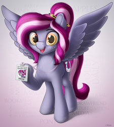 Size: 2700x3000 | Tagged: safe, artist:awalex, oc, oc only, oc:spotlight splash, species:pegasus, species:pony, equestria daily, female, gradient background, hoof hold, mare, mascot, open mouth, pencil, solo